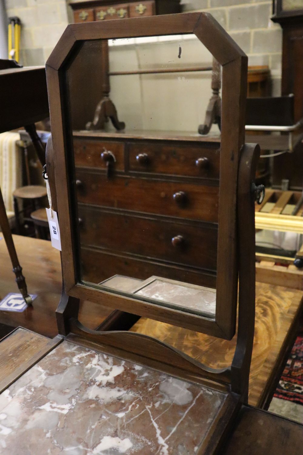 A late Victorian marble top shaving stand, width 56cm depth 33cm height 150cm